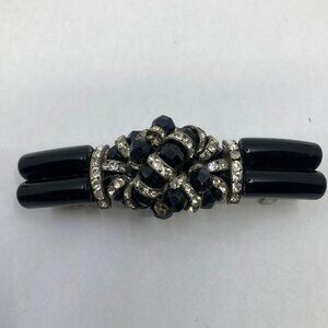 Vtg SHARON LANG black lucite rhinestone silver tone mourning gothic hair clip